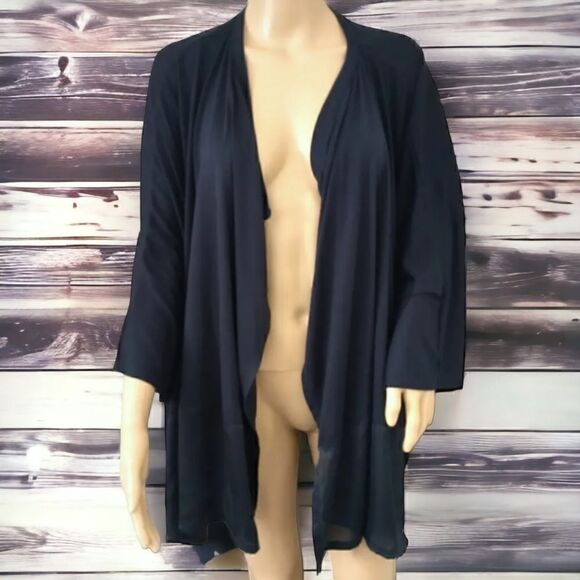 Natori Kimono L Navy Blue Cardigan Dolman Batwing Sleeve Satin Trim Sheer Flowy - Picture 15 of 16